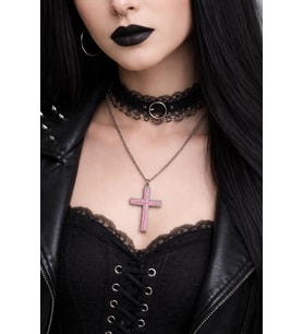 Pembe Gotik Haç Kolye Gümüş Renk Zincirli Unisex
