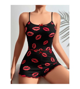 Mulvxbrf Brf02 Kadın Siyah Dudak Desenli Şortlu Pijama Takımı 5057 (Mulvix)