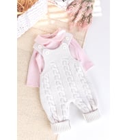 Triko Kışlık 2'li Kız Bebek Salopet Tulum Set (Krem)