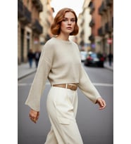 Kadın Oversize Gri Akrilik Selanik Dokuma Super Crop İspanyol Kol Triko Kazak Günlük Stilinize