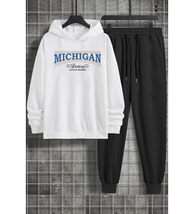Unisex Michigan Baskılı Eşofman Takımı (A.Beyaz)