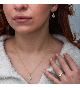 Gümüş Mavi Taşlı Gold Çiçek Kadın Set SL11532