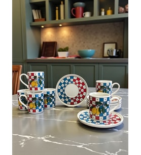 Kahve Fincanı - Porselen 6 Kişilik Damalı Limonlu
