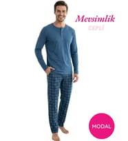 Guava Erkek Modal 3 Düğmeli Ekose Desen Pamuk Likra Mevsimlik Manşetli Uzun Kol Cepli Pijama Takımı (Mavi)