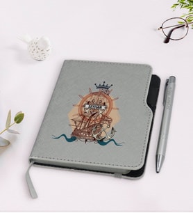 BK Gift Kişiye Özel Gemi Tasarımlı Gri Termo Deri Defter Kalem Seti-4