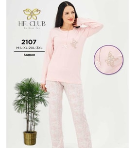 HF Club 2107 Kadın Önden Düğmeli Uzun Kollu Pijama Takımı (Pudra)