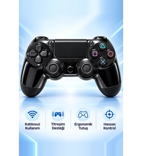 GlrTech P4 Siyah Kablosuz Oyun Kolu Double Motor Titreşimli Şarj Edilebilir PS4 Uyumlu