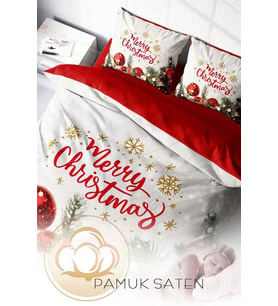 Yılbaşı Çift Kişilik Nevresim ( Lastikli Çarşaflı ) %100 Pamuk Saten Merry Christmas