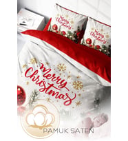 Yılbaşı Çift Kişilik Nevresim ( Lastikli Çarşaflı ) %100 Pamuk Saten Merry Christmas