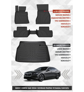BMW G60 5 Serisi 2024 ve Sonrası Uyumlu 4.5D PRO Premium Havuzlu Oto Paspas ve Liner Bagaj Havuzu