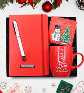 Yılbaşına Özel Kırmızı Defter & Kırmızı Yılbaşı Kupa & Beyaz Mat Roller Kalem & Yılbaşı Bardak Altlığı Hediye Seti