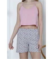 Kadın Şortlu Pijama Takımı İp Askılı Pamuklu Likralı PEMBE