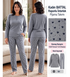 LANA Kadın Battal Pamuk Likralı Raporlu İnterlok Kışlık Pijama Takımı 245/25 - 1 Adet
