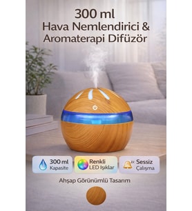 300ml Ahşap Tasarımlı Ultrasonik Hava Nemlendirici ve Aromaterapi Difüzör