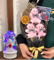 Size Özel Fotoğraflı Büyük Boy Ayıcık Buketi ve Led Işıklı Beyaz Melekli Fanus (Model 2)