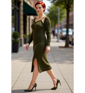Kadın Düz Desen Midi Boy Fitilli Triko Elbise Bolero Takımı Düşük Uzun Kollu Bodycon Kaliteli