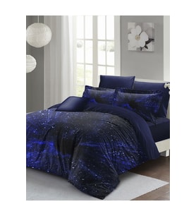 Lastikli Çarşaflı %100 Pamuk Saten Çift Kişilik Nevresim Takımı Blue Nıght