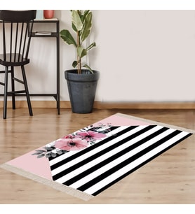 Çiçek Desenli Şertli Dijital Baskı Yıkanabilir Kaymaz Taban Modern Salon Halı ve Yolluk (Beyaz)