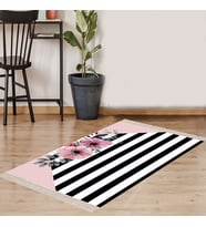 Çiçek Desenli Şertli Dijital Baskı Yıkanabilir Kaymaz Taban Modern Salon Halı ve Yolluk (Beyaz)