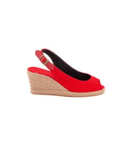 Gerçek Elişi Burnu Açık Arkası Bantlı Dolgu Topuk Kırmızı Keten Hasır Espadril Handmade