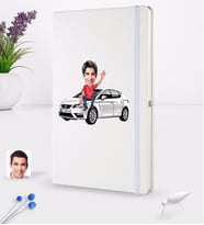 BK Gift Kişiye Özel Plakalı Erkek Seat Leon Karikatürlü Beyaz Termo Deri Defter 16x24cm Model 1