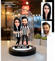 Kişiye Özel Taraftar Çift Karikatür Fanus Biblo - Siyah Beyaz Forma Işıklı Biblo - Sevgiliye Yıl Dönümü Hediyesi