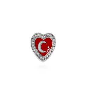 Kadın Taşlı Kalp Model Türk Bayrağı Temalı Gümüş Charm