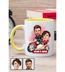 Çiftlere Özel İlginç Hediye Motorsiklet Temalı Karikatürlü Sarı Kupa Bardak