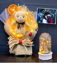Size Özel Fotoğraflı Set  Işıklı Kahverengi Ayıcık Buketi & Işıklı Şans Melekli Fanus