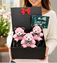 Pembe Peluş Ayıcık Hediye Kutusu Siyah Kutuda 3'lü Peluş Ayıcık Seti