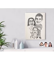 BK Gift Kişiye Özel Karakalem 3'lü Aile Karikatürlü Kanvas Tablo-1