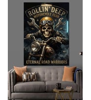 Rollin' Deep Motorcu Kurukafa Logosu Dekoratif Kanvas - Mdf Ahşap Tablo