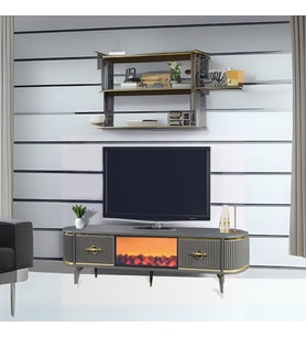 Maya Şömineli Tv Sehpası Antrasit Gold Şeritli Oval Tasarım Alev Efektli 2 Çekmeceli 180x40x53 Cm