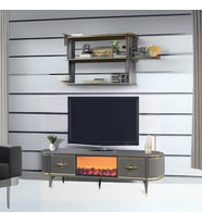 Maya Şömineli Tv Sehpası Antrasit Gold Şeritli Oval Tasarım Alev Efektli 2 Çekmeceli 180x40x53 Cm