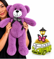 Yeşil Vosvos Minibüs Masa Lambası ve Büyük Boy Mor Peluş Ayıcık – Sevgiliye Doğum Günü Yıl Dönümü Hediyesi