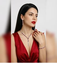 Gümüş Kaplama Kırmızı Damla Taşlı Su Yolu Kolye,küpe Ve Bileklik Seti 3'lü Set Davet Düğün Set