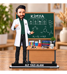 Kişiye Özel Erkek Kimya Öğretmeni Karikatürlü 18 cm MDF Masaüstü Biblo - Öğretmen Hediyesi Öğretmene Özel Hediye