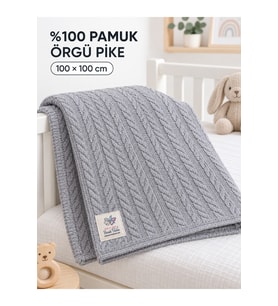%100 Pamuk Örgü Pike Bebek Battaniyesi 100x100 cm - Saç Örgü Desenli, 4 Mev