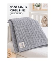 %100 Pamuk Örgü Pike Bebek Battaniyesi 100x100 cm - Saç Örgü Desenli, 4 Mev