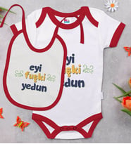 BK Kids Eyi Fuşki Yedun Tasarımlı Kırmızı Bebek Body Zıbın ve Mama Önlüğü Hediye Seti-1