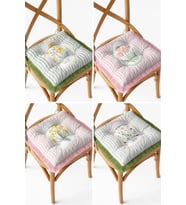 Çizgili Çiçek Desenli Saçaklı Bağcıklı Pofidik Sandalye Minderi 4'lü Set