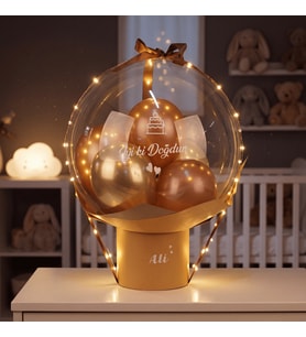 Kişiye Özel Led Işıklı, Kraft Kutulu, Rose Gold ve Kahve Balonlu Tasarım - Yeni Doğan Hediyesi