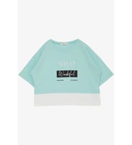 Breeze Kız Çocuk Crop Tişört Yanları Yırtmaçlı Yazı Baskılı 9-14 Yaş, Su Yeşili