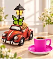 Pembe Seramik Kahve Fincanı ve El Yapımı Bordo Vosvos Taksi Masa Lambası Hediye Seti – Sevgiliye Arkadaşa Doğum Günü ve Yıl Dönümü Hediyesi