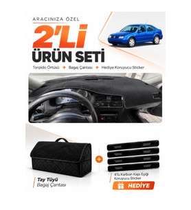 VOLKSWAGEN JETTA (1997-2003) Uyumlu Torpido Örtüsü + Tay Tüyü Bagaj Çantası + Sticker Seti - Siyah