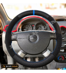 Chevrolet Kalos Dikme Direksiyon Kılıfı Alcantara Süet Mat Karbon Mavi Yüzük ve Dikiş HB-Sedan-SE-Base-Tuşsuz 2004-2008