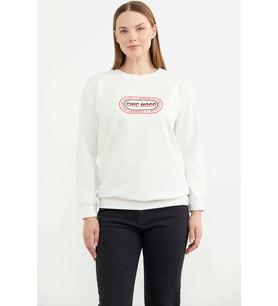 Baskılı Oversize Basic Sweatshirt - Ekru