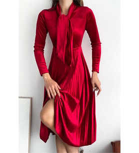 Neşeli butik kadın yakası bağlama detaylı piliseli kadife elbise NBQ012 (Kırmızı)