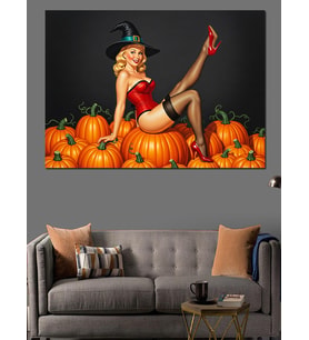 Jartiyerli Pin Up Kızı Ve Balkabakları Dekoratif Kanvas - Mdf Ahşap Tablo