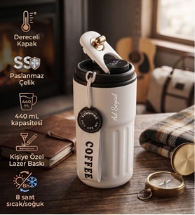 Kişiye Özel İsim Baskılı Hediyelik Paslanmaz Çelik Şık Termos Derece Göstergeli 440mL. Beyaz